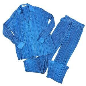 Showpo - Becca Plisse Long Sleeve Shirt and High Waist Flare Pants in Blue